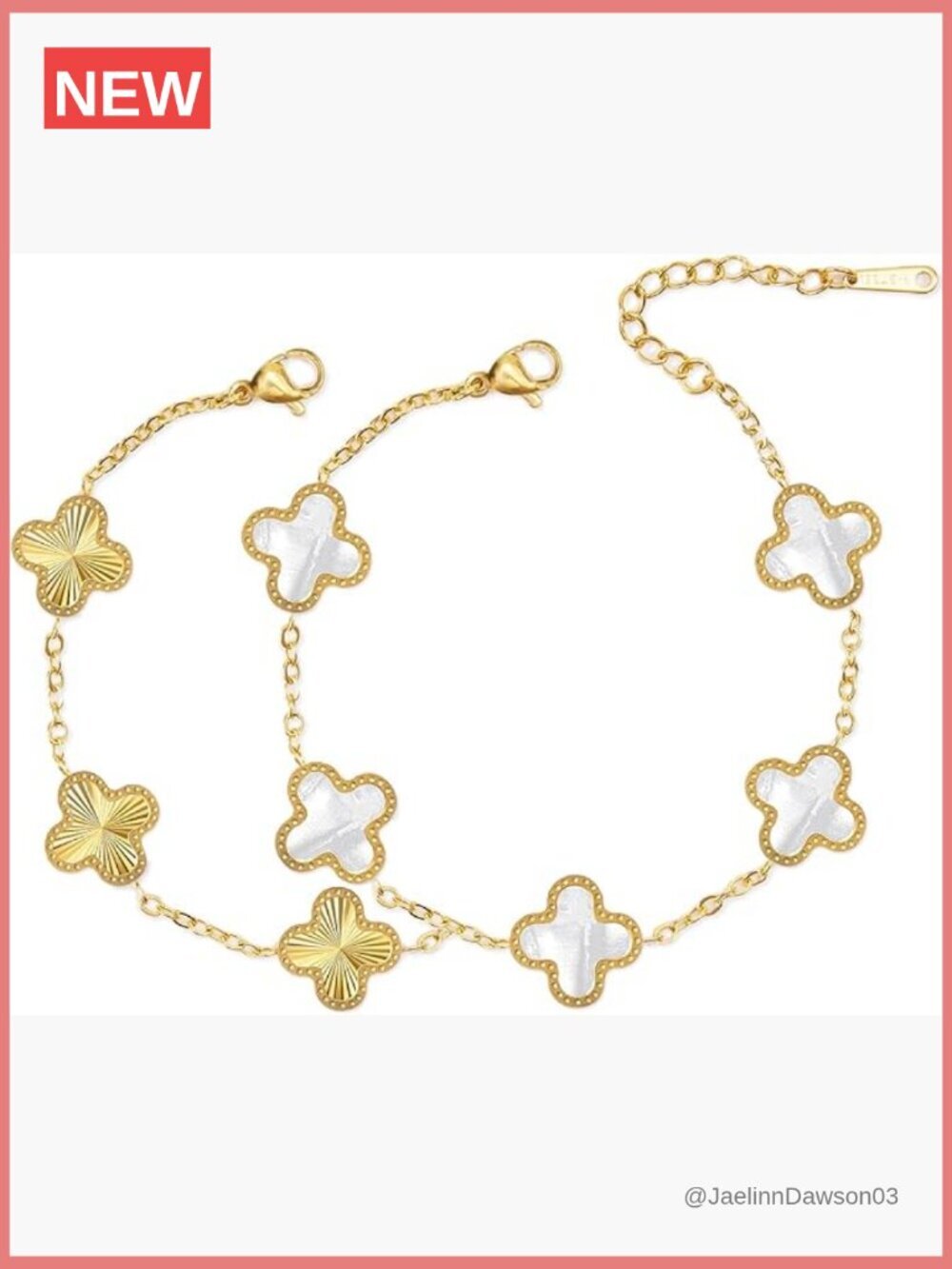 18K Gold Four Leaf Clover Link Bracelet Set with Lobster Claw